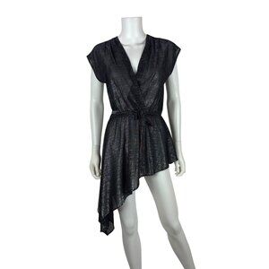 Vintage 80s Sheer Tunic Top Womens Small Silver Metallic Asymmetrical Surplice